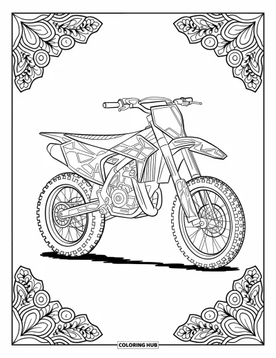 Motocross-tegning til voksne: En motocrosscykel med botaniske mandalaelementer til voksne