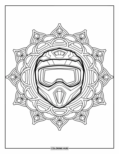 Motocross-tegning til voksne: En motocrosshjelm i centrum af et symmetrisk mandaladesign