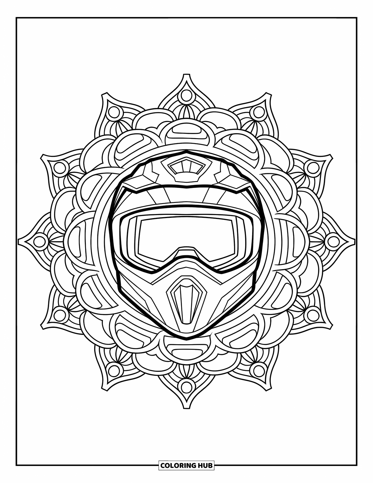 Motocross Coloring Page for Adults: A motocross helmet sits at the center of a symmetrical mandala design