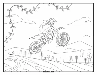 Motocross-tegning til voksne: En motocrossrytter i spring indrammet af blomsterlykker og bjergsceneri