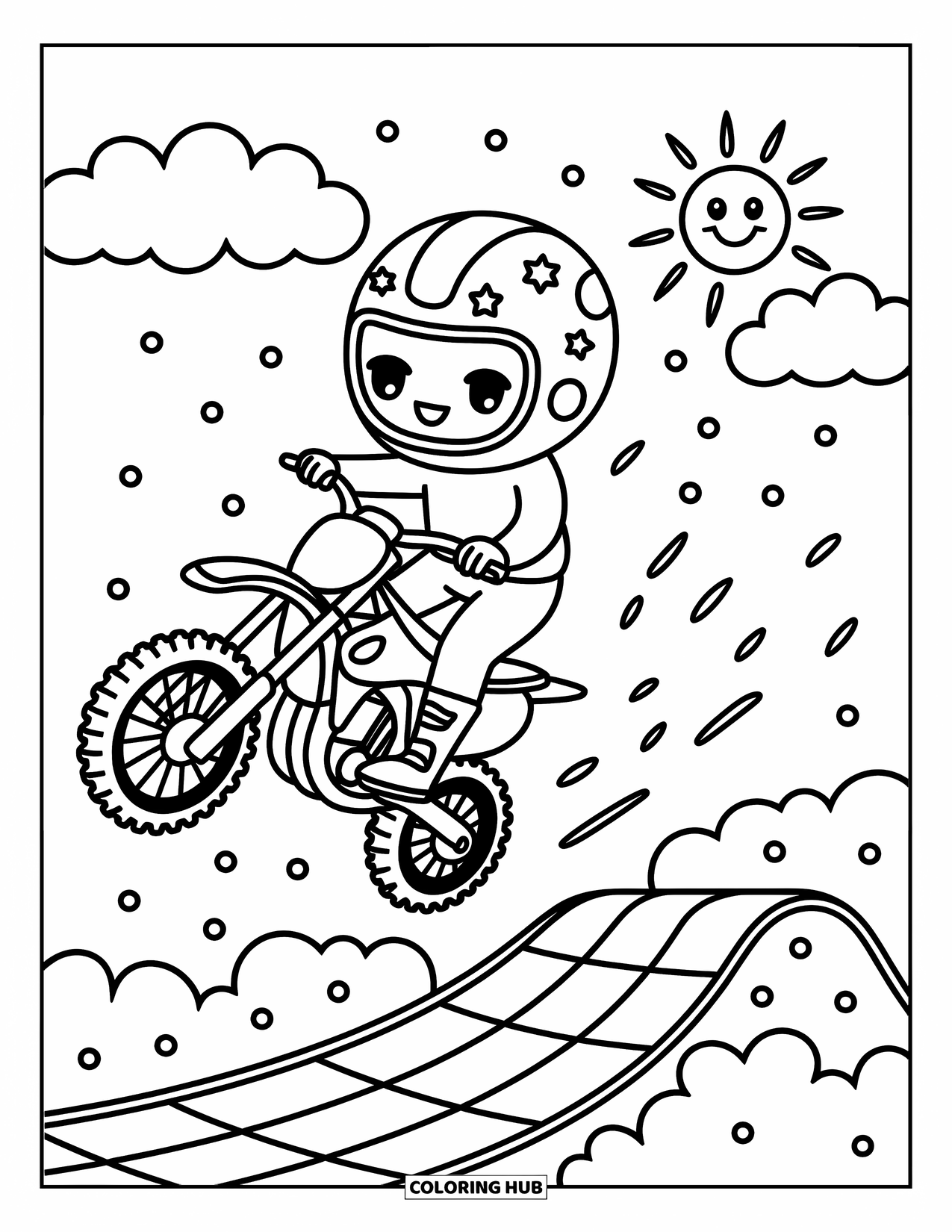 Motocross Coloring Page for Adults: A rider flies above a race ramp under a smiling sun and clouds