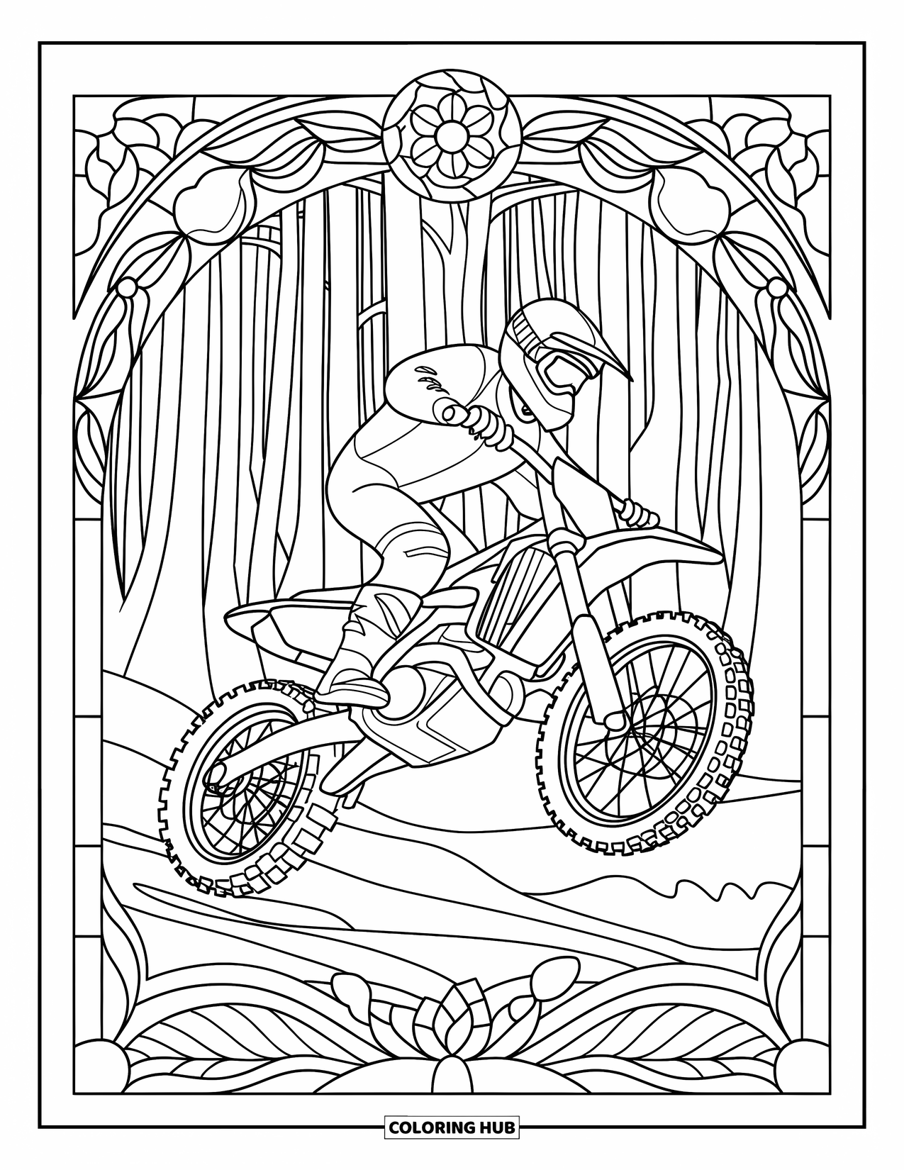 Motocross Coloring Page for Adults: A rider flying through the air framed by floral stained-glass arches