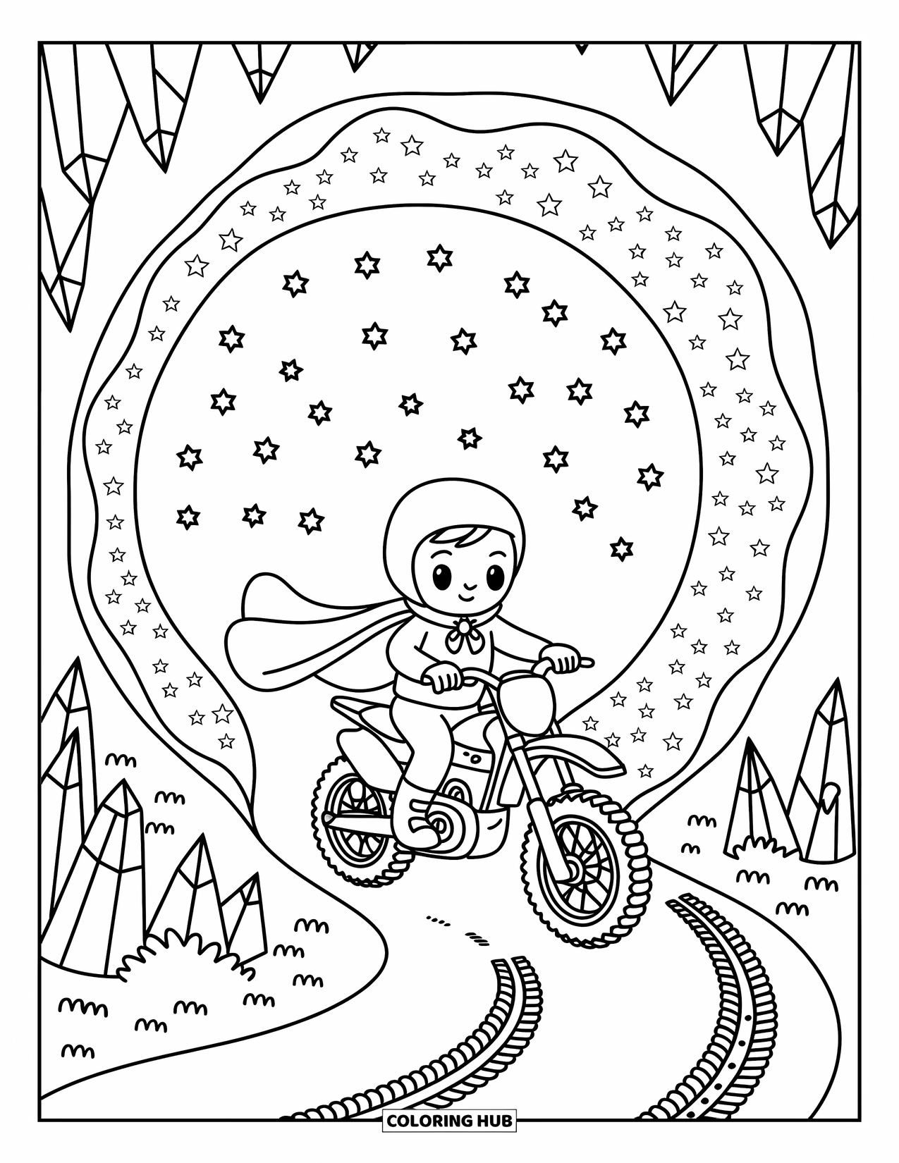 Motocross Coloring Page for Adults: A rider with a cape enters a donut-shaped cave lined with crystals