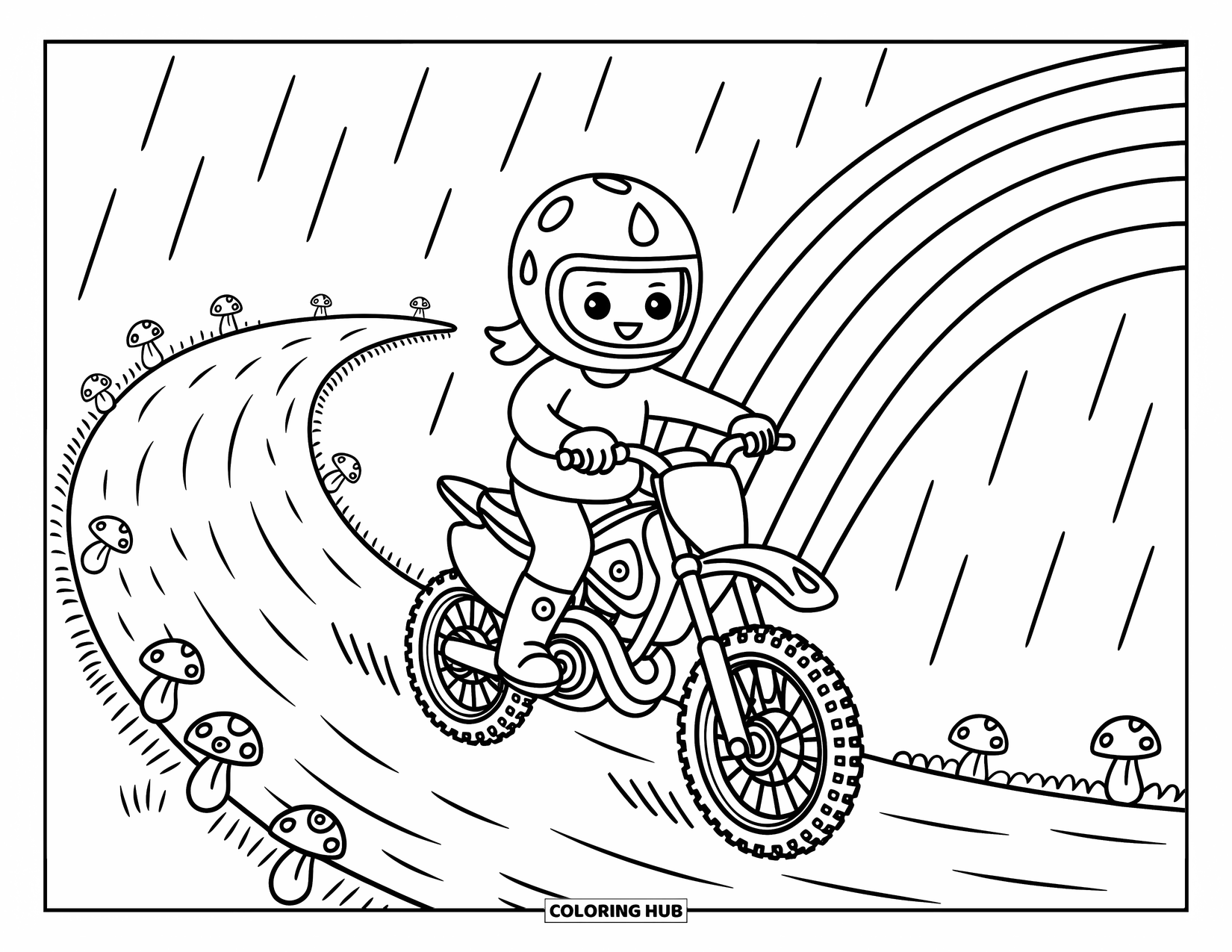 Motocross Coloring Page for Adults: A smiling rider speeds through soft rain beneath a bright rainbow