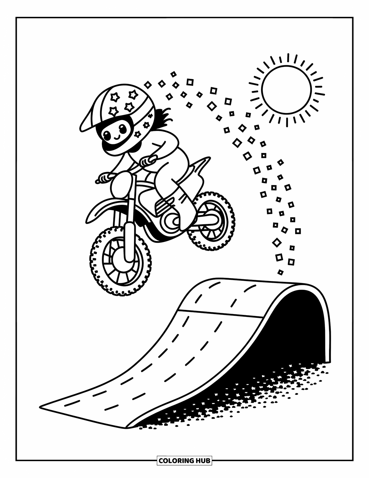 Motocross Coloring Page for Adults: A soaring motocross rider smiles beneath a sunny, cheerful sky