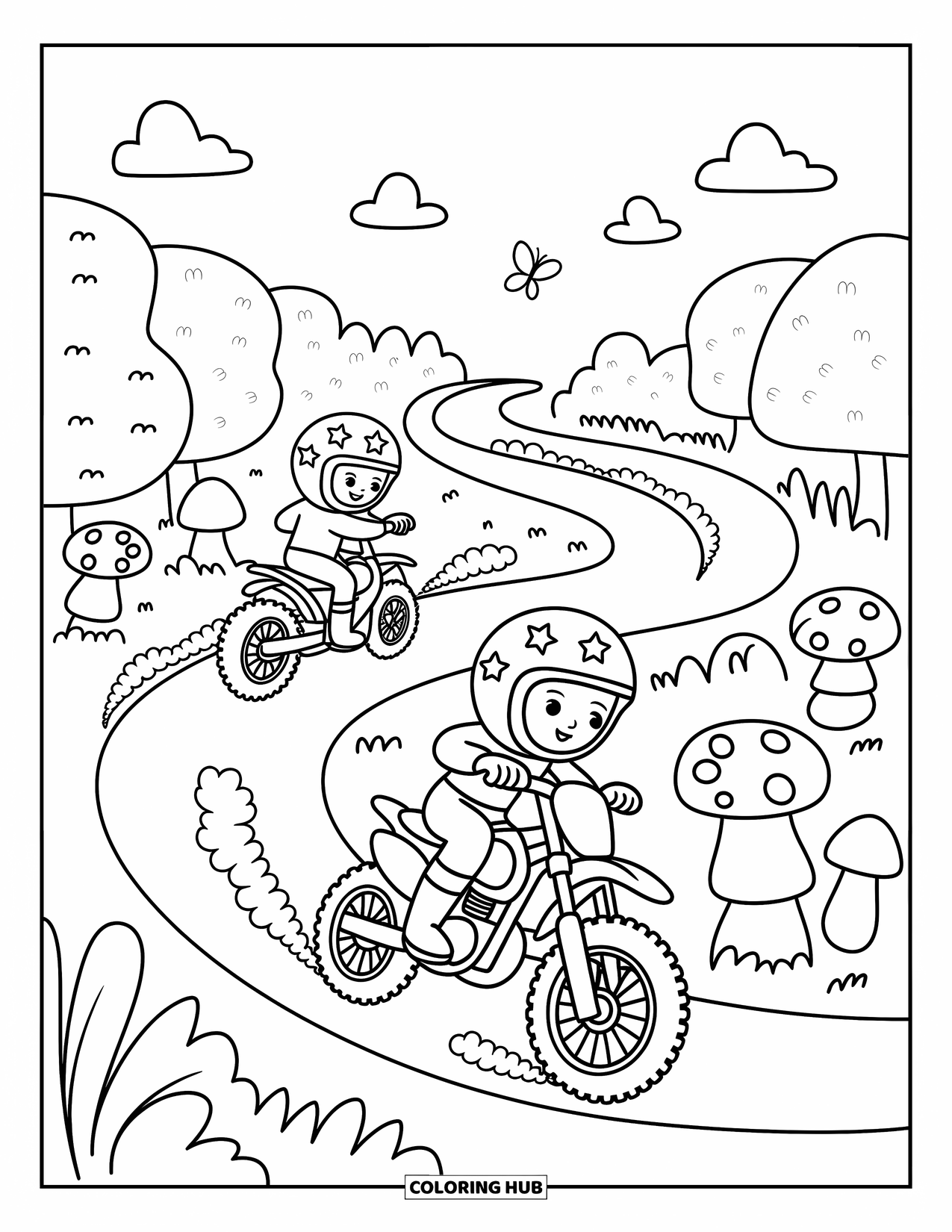 Motocross Coloring Page for Adults: Two cheerful riders leave bubbly trails through a magical forest
