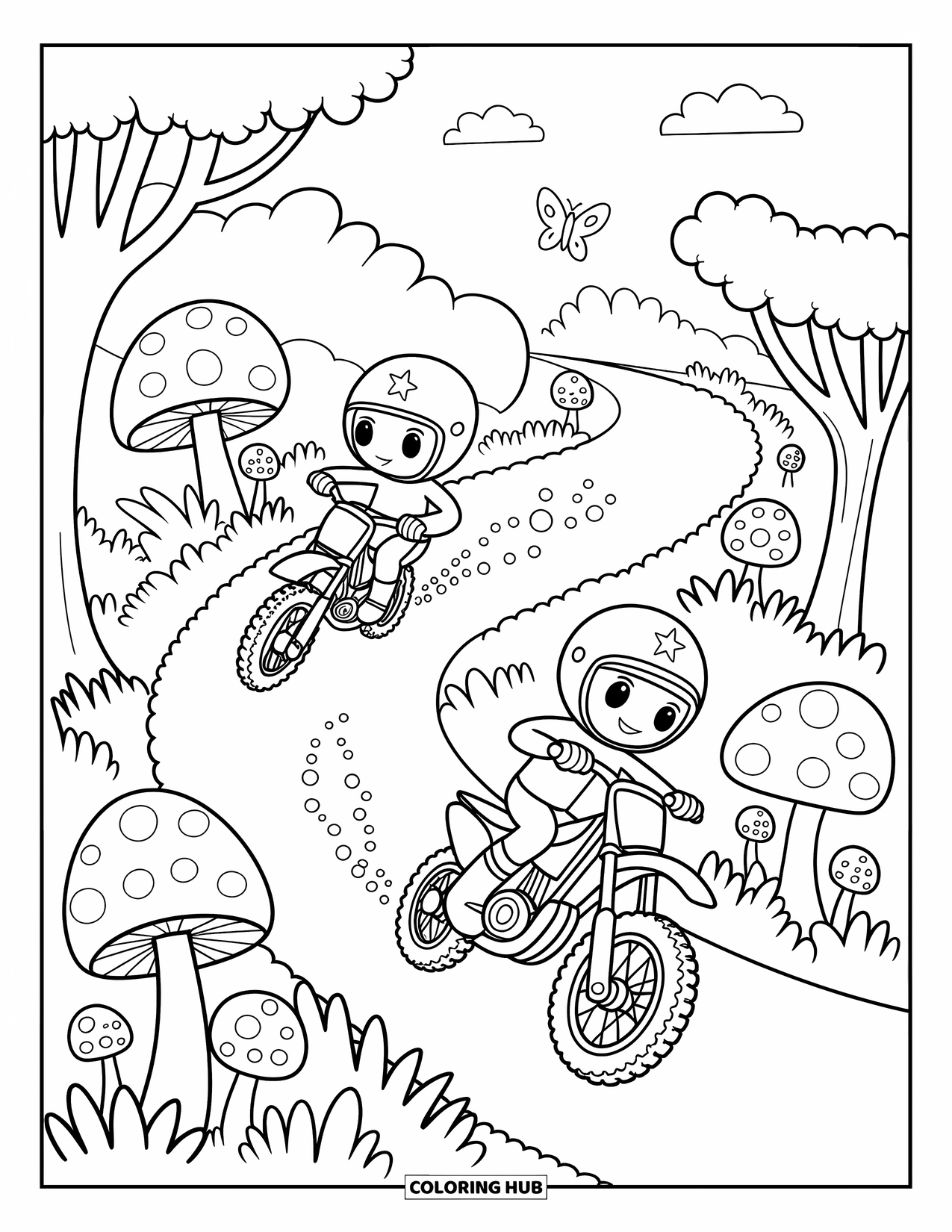 Motocross Coloring Page for Adults: Two motocross friends race through a forest as a butterfly flutters above