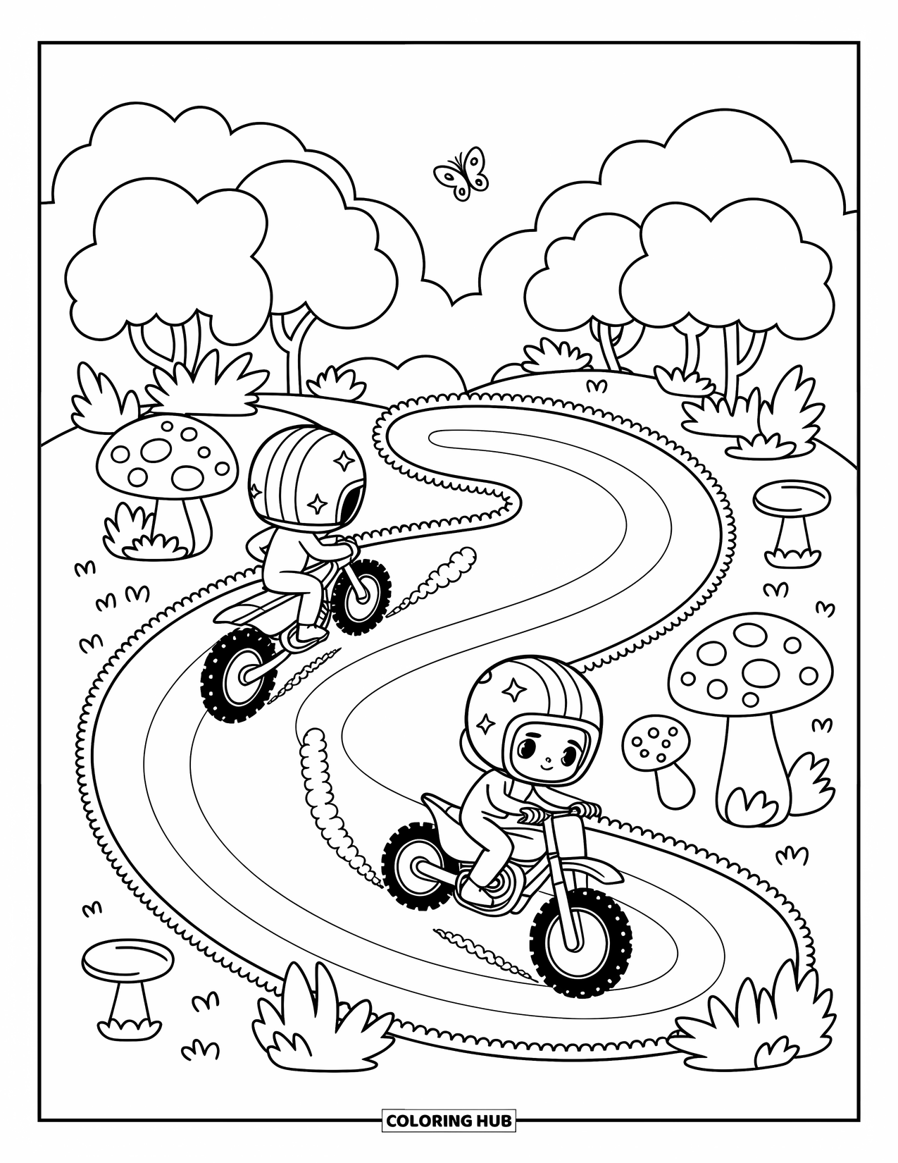 Motocross Coloring Page for Adults: Two motocross riders race playfully through a forest filled with mushrooms