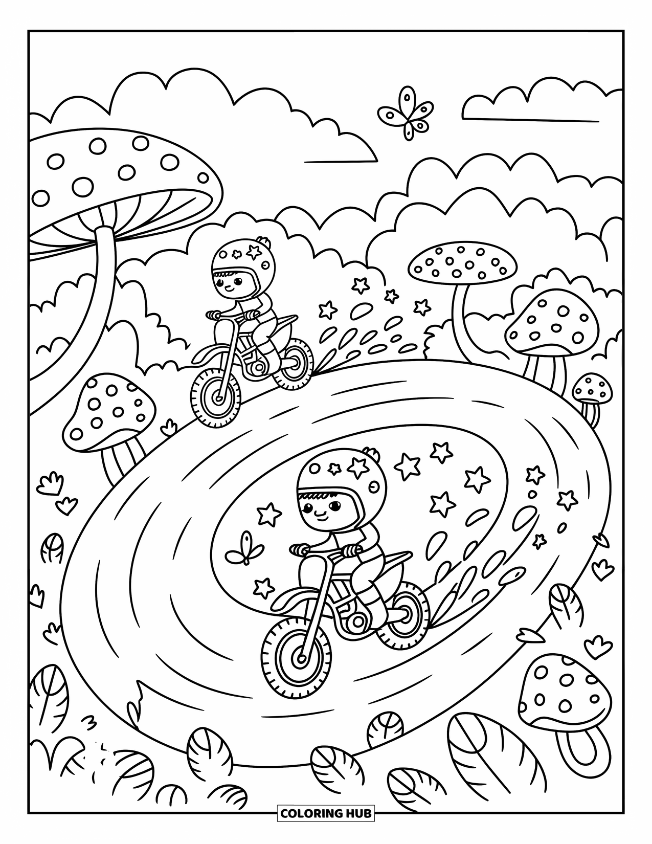 Motocross Coloring Page for Adults: Two riders weave between trees and mushrooms on a winding forest path