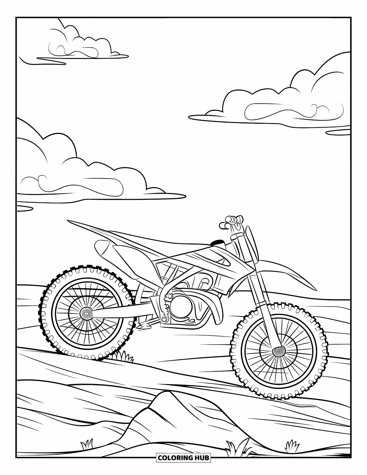 Motocross Coloring Page for Kids: A big-tired bike stands on rocky terrain beneath open skies