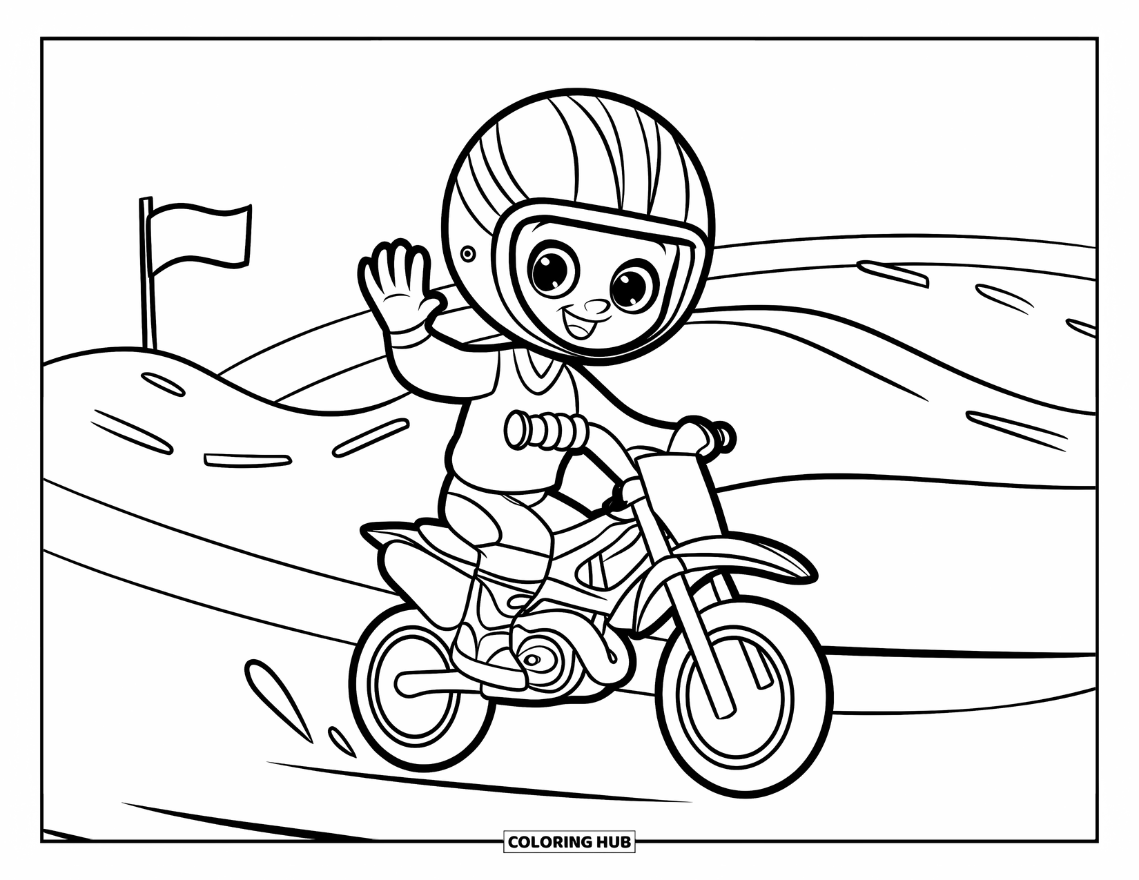 Motocross Coloring Page for Kids: A happy rider waves on a mini bike beside a waving flag