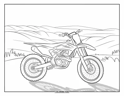 Motocross-tegning til børn: En enkelt motocrosscykel kigger ud over åbne bakker under klar himmel