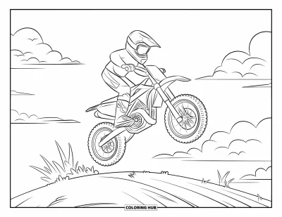 Motocross-tegning til børn: En motocrosscykel letter over en lille bakke under puffede skyer