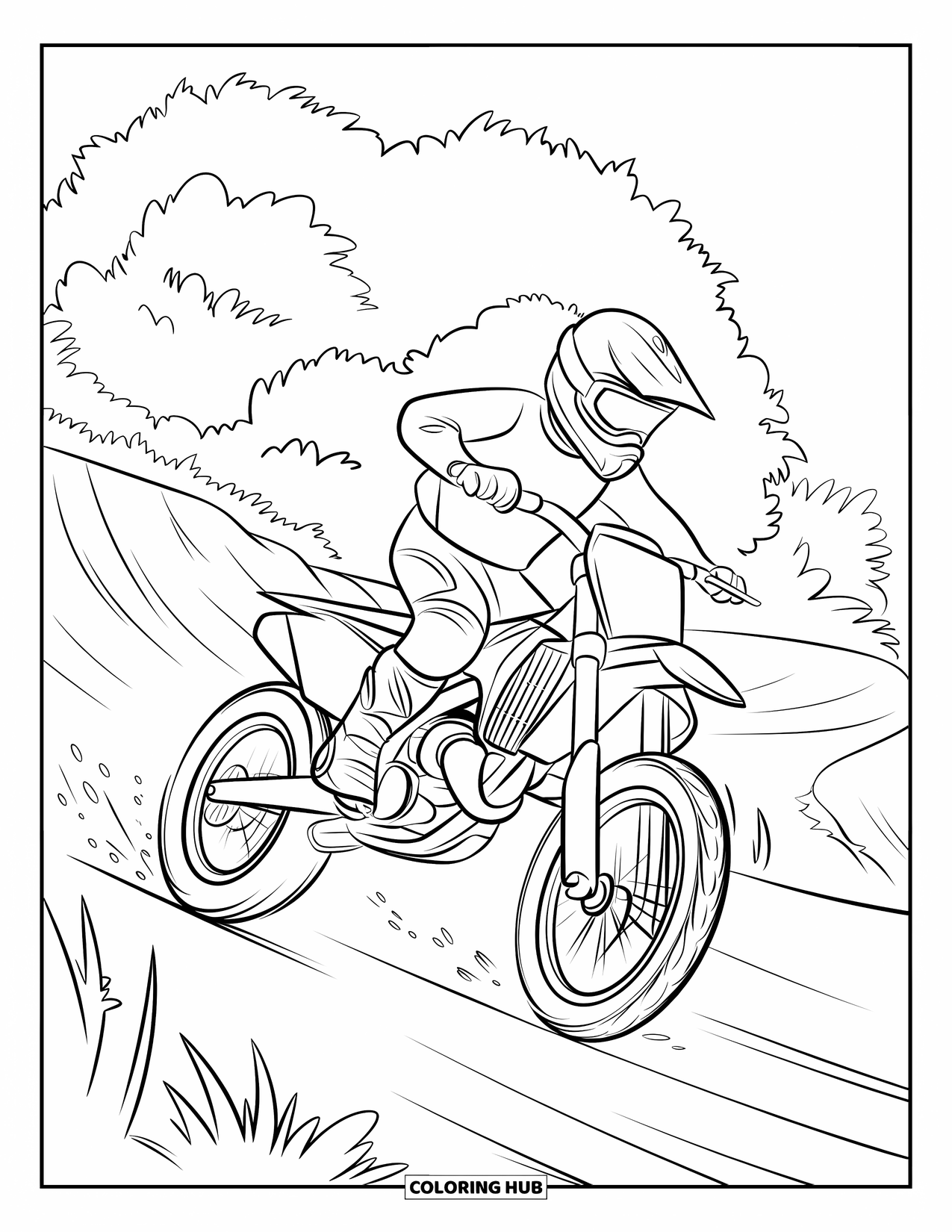 Motocross Coloring Page for Kids: A motocross bike races along a dirt trail lined with green trees