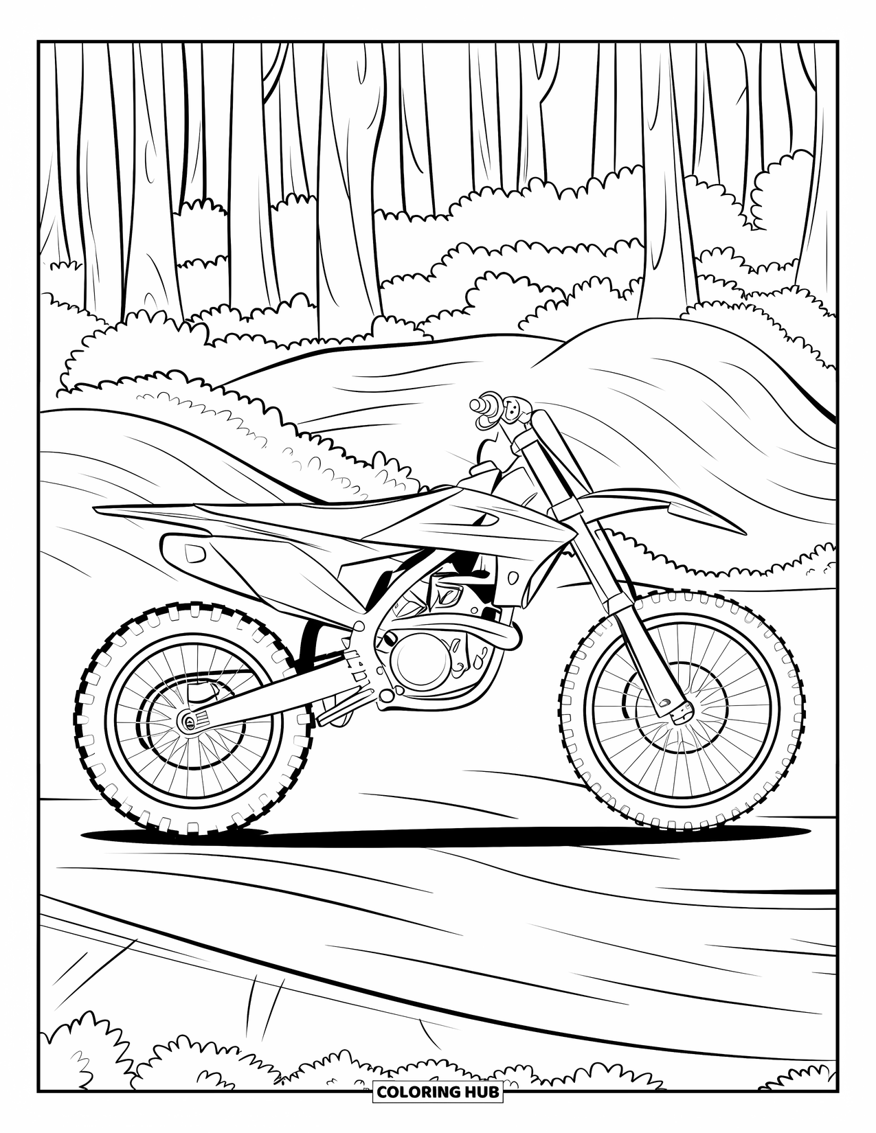 Motocross Coloring Page for Kids: A motocross bike rests on a dirt trail surrounded by tall trees