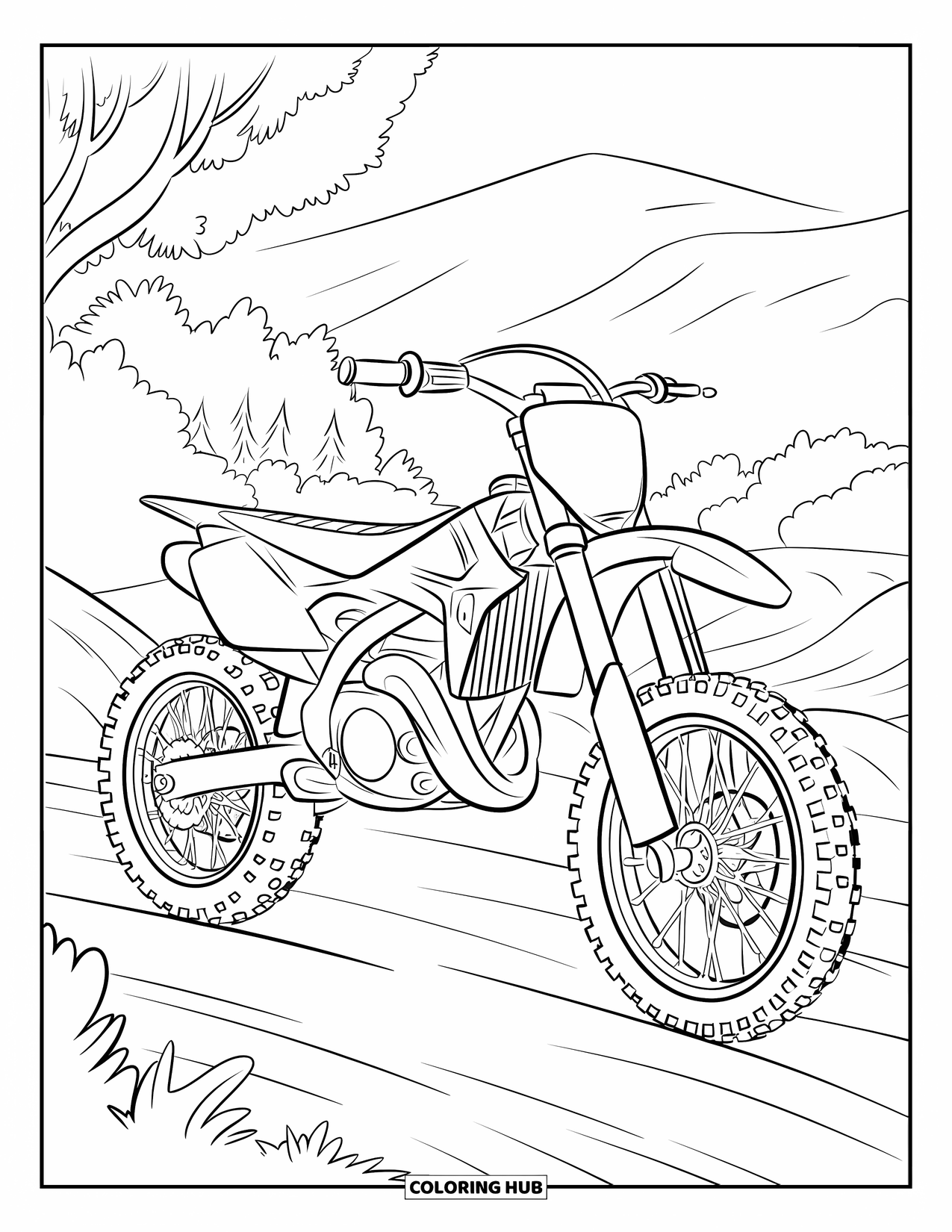 Motocross Coloring Page for Kids: A motocross bike rests on a track with trees and mountains nearby