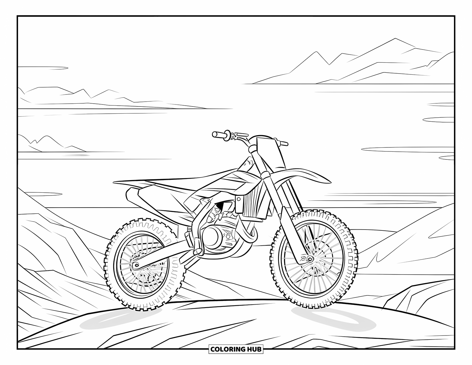 Motocross Coloring Page for Kids: A motocross bike rests on rocky ground with mountains and water behind it