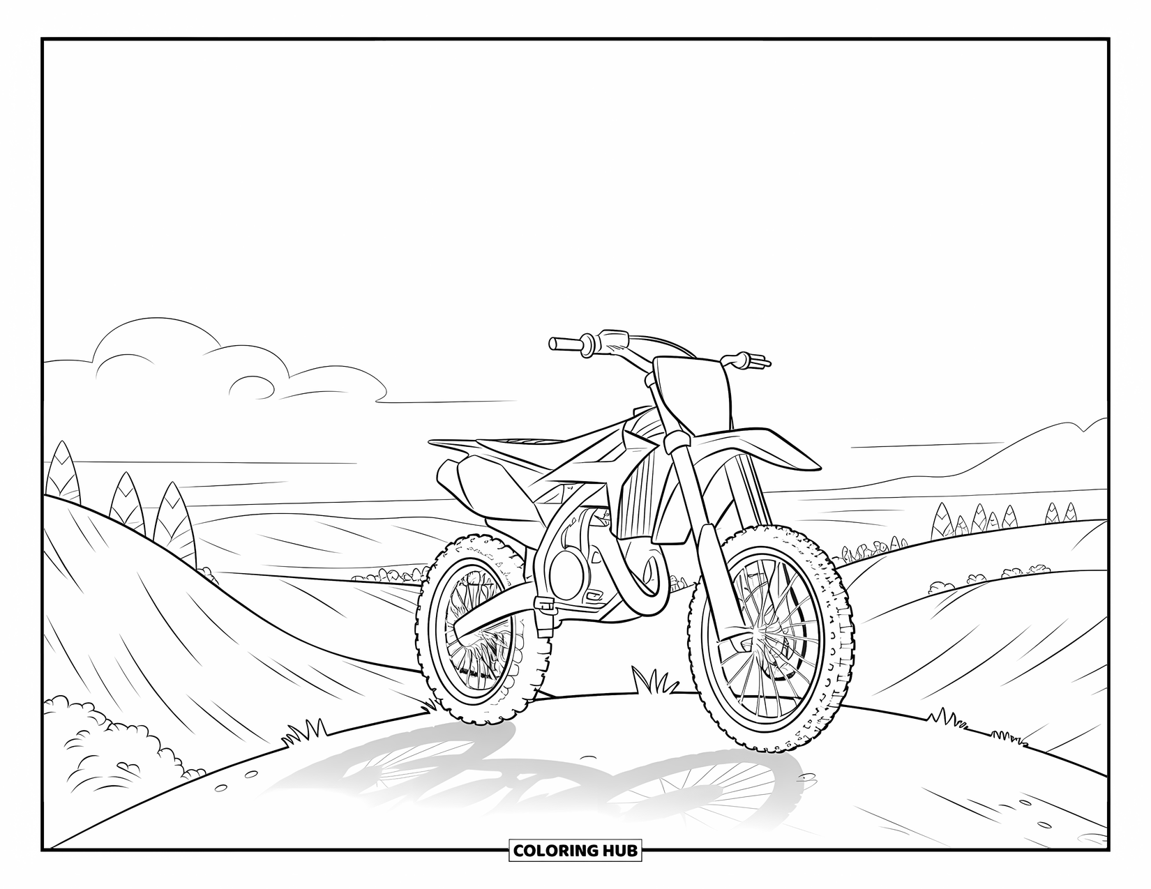 Motocross Coloring Page for Kids: A motocross bike stands proudly on a hill overlooking rolling hills and trees