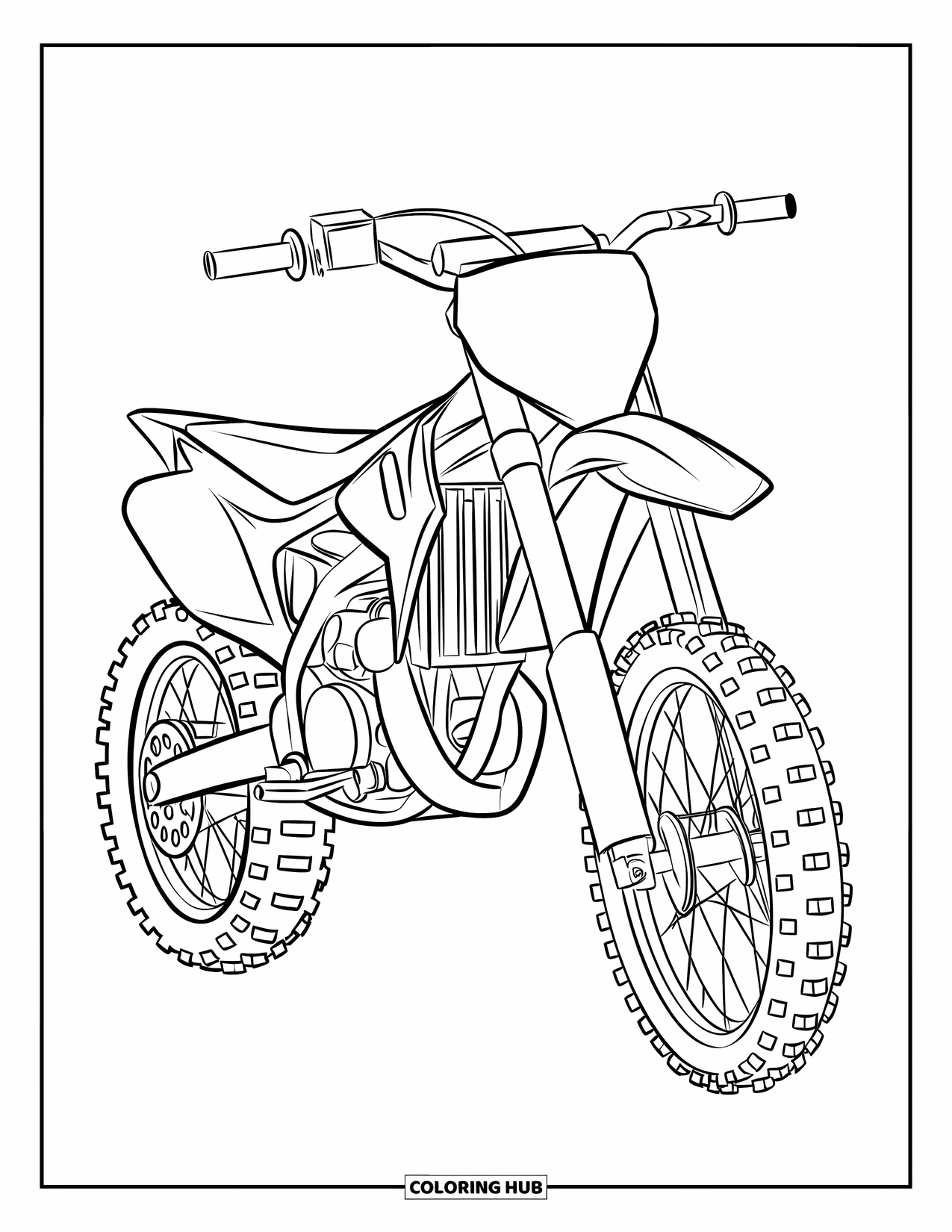 Motocross Coloring Page for Kids: A motocross bike stands tall on the track with bold engine details