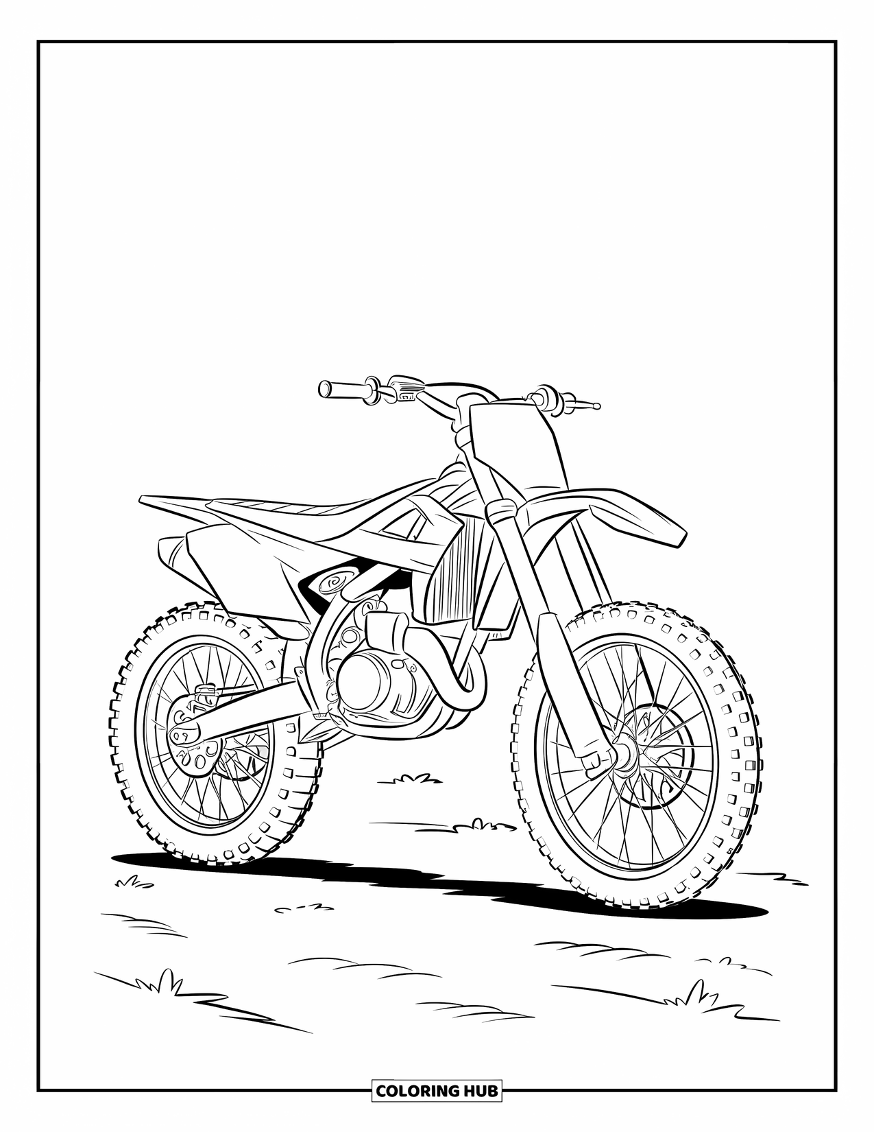 Motocross Coloring Page for Kids: A motocross bike with big wheels sits on flat ground ready to ride