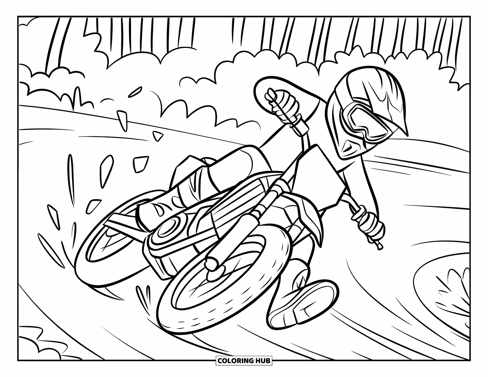 Motocross Coloring Page for Kids: A motocross rider skids through a turn, kicking up rocks and dirt