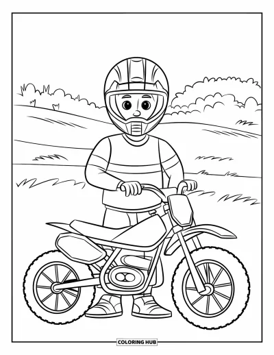 Motocross-tegning til børn: En motocrossrytter står stolt ved siden af sin parkerede cykel