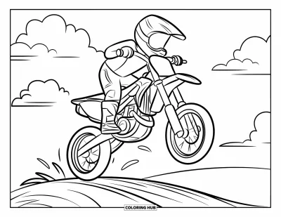 Motocross-tegning til børn: En sjov cykel springer over en lille bakke omgivet af skyer
