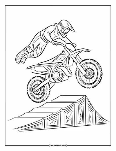Motocross-tegning til børn: En rytter laver backflip over en jordrampe under klar himmel