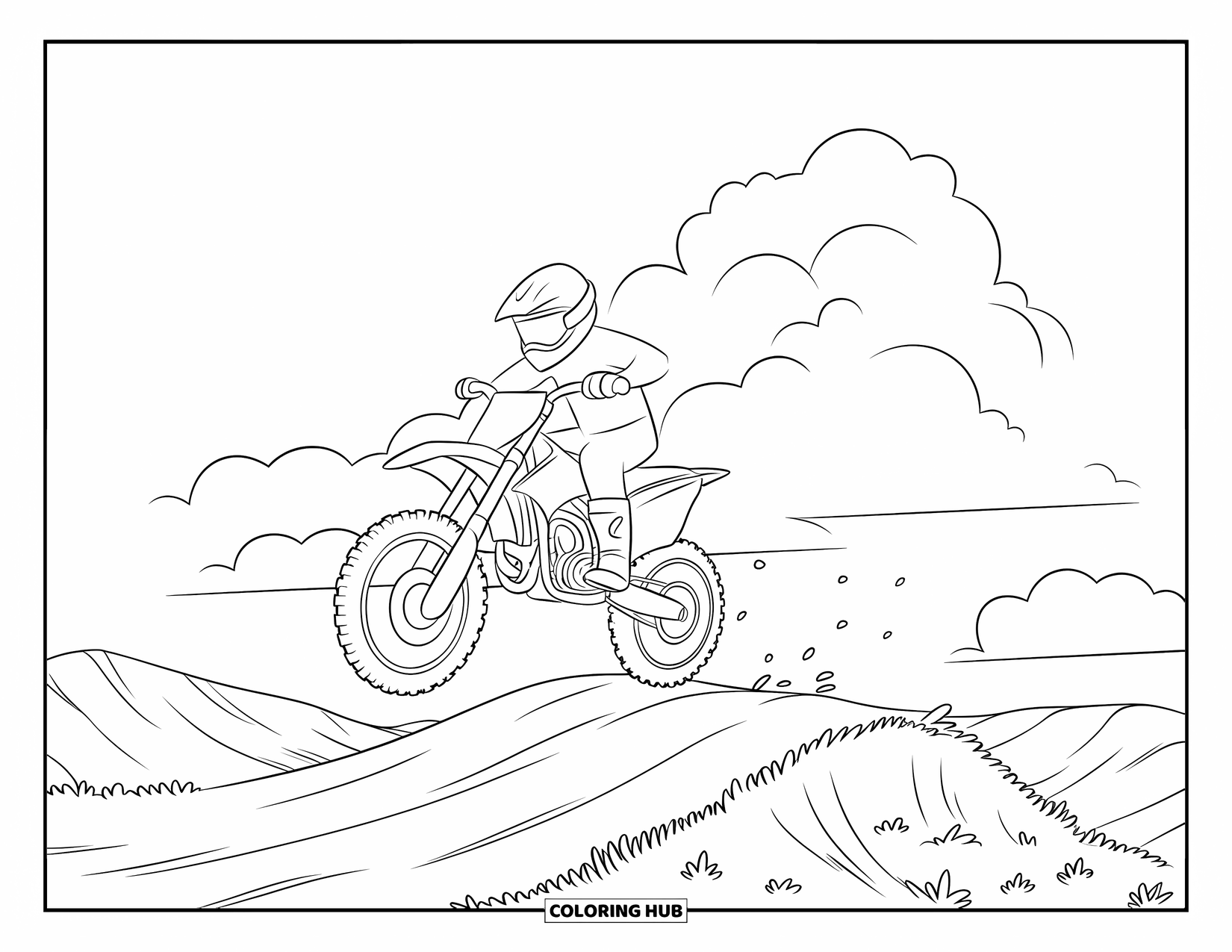 Motocross Coloring Page for Kids: A rider jumps a small dirt hill under a bright, open sky