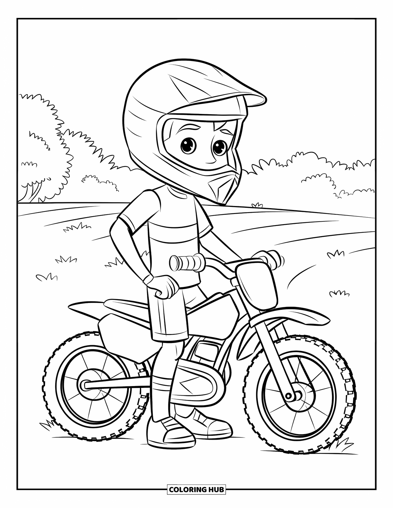 Motocross Coloring Page for Kids: A rider with a helmet stands near his bike in a grassy field