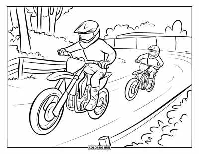 Motocross-tegning til børn: To motocrossryttere konkurrerer side om side mod målstregen