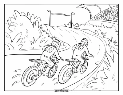 Motocross-tegning til børn: To motocrossryttere ruser mod målstregen sammen