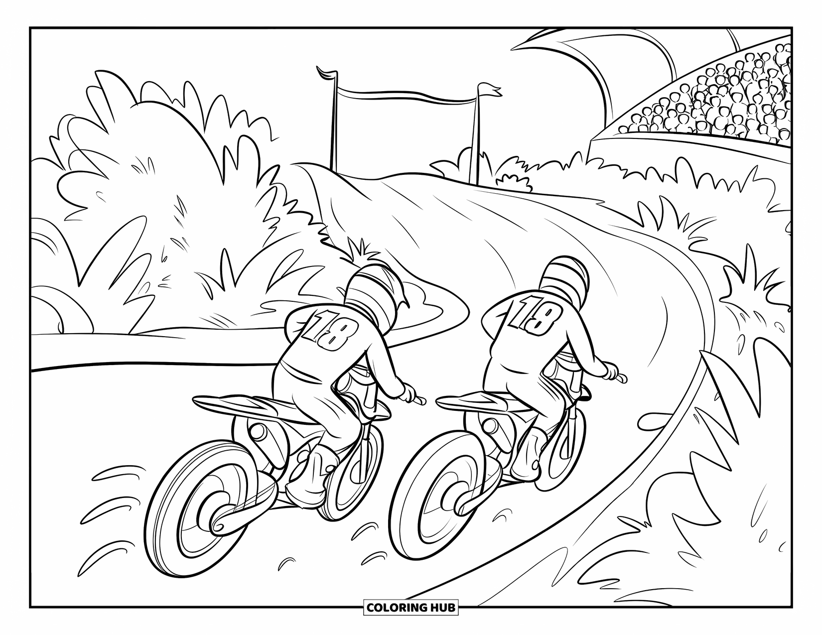 Motocross Coloring Page for Kids: Two motocross riders charge toward the finish line together