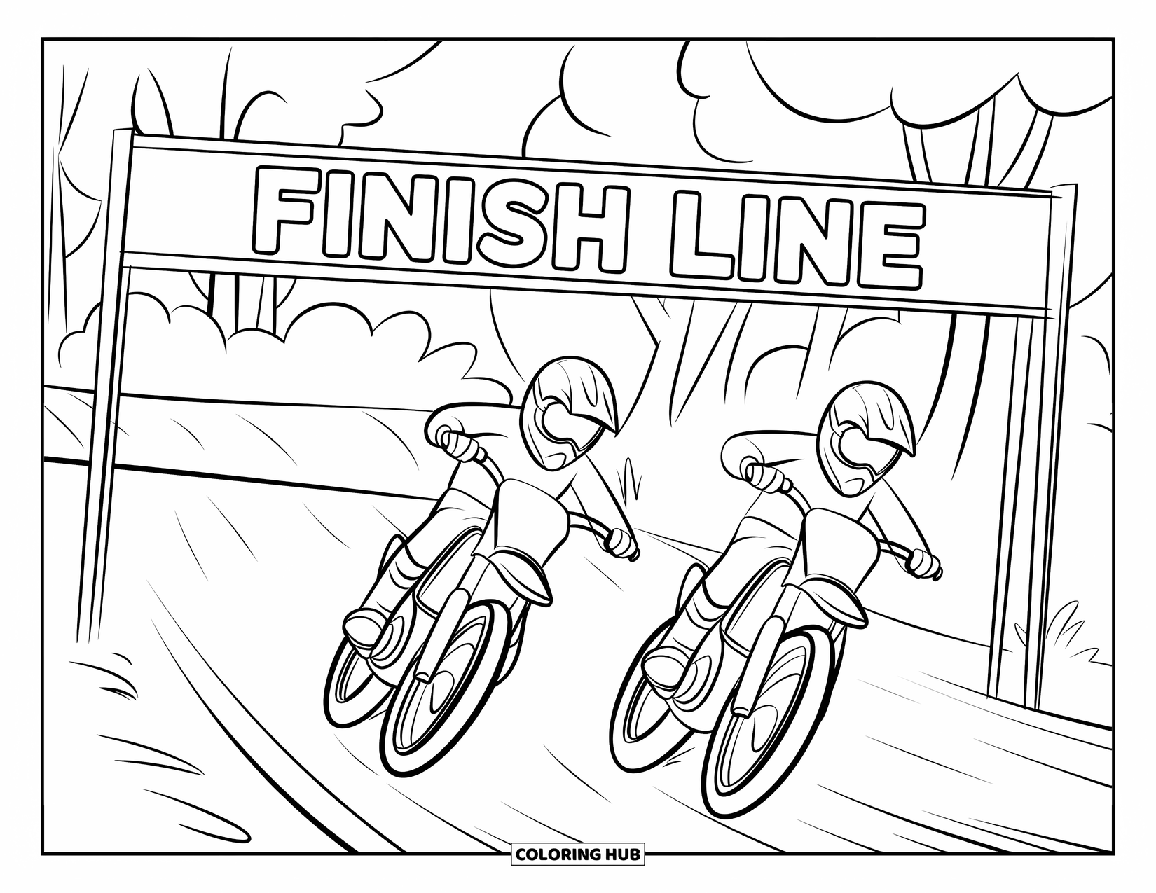 Motocross Coloring Page for Kids: Two riders race to the finish under a flag and cheering fans