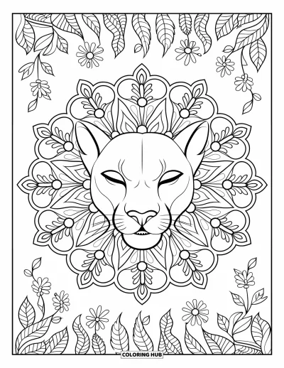 Kleurplaat van een poema voor volwassenen: Een sereen leeuwengezicht rust in een bloemen-mandala gevuld met bladeren en ranken