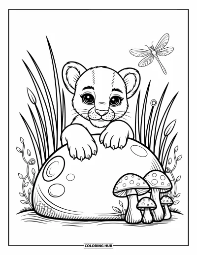 Kleurplaat van een poema voor volwassenen: Een nieuwsgierig welpje verbergt zich achter een grote kei bij hoog gras en kleine paddenstoelen