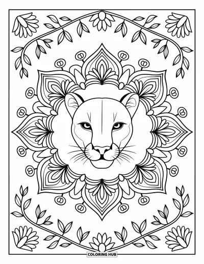 Kleurplaat van een poema voor volwassenen: Een leeuw met manen ligt in het midden van een bloemen-mandala van ranken en bloemblaadjes
