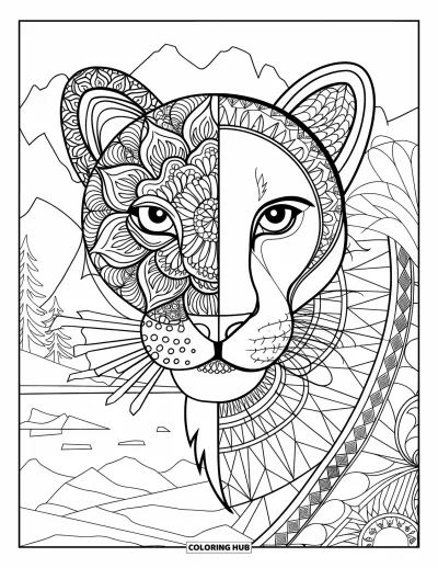 Kleurplaat van een poema voor volwassenen: Een leeuwengezicht combineert mandala-bloemen en glas-in-lood met een schilderachtige achtergrond
