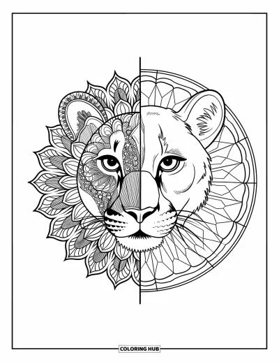 Kleurplaat van een poema voor volwassenen: Een leeuwengezicht is verdeeld tussen bloemen-mandala en glas-in-loodpatronen