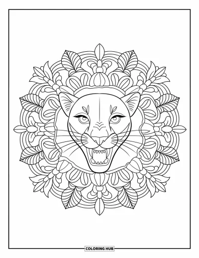 Kleurplaat van een poema voor volwassenen: Een leeuwengezicht brult vanuit het midden van een gedetailleerde bloemen-mandala