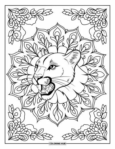 Kleurplaat van een poema voor volwassenen: Een leeuwenhoofd omringd door bloemen en ranken in een gedetailleerde mandala