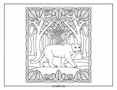 Kleurplaat van een poema voor volwassenen: Een poema loopt door een bladertunnel van patronen met mandala-bomen