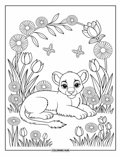 Kleurplaat van een poema voor volwassenen: Een slaperig welpje rolt op in een weide vol bloemen en vlinders