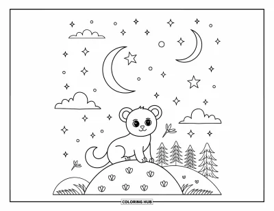 Kleurplaat van een poema voor volwassenen: Een lief welpje zit op een heuvel en kijkt naar wolken en sterren boven zich