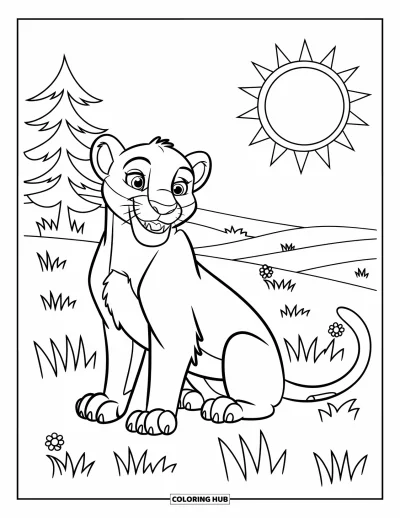 Kleurplaat van een poema voor kinderen: Een leeuw laat zijn tanden zien terwijl hij zit onder de zon in een groene weide