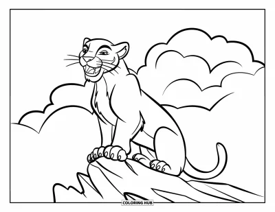 Kleurplaat van een poema voor kinderen: Een luid brullende leeuw zit op een rots terwijl wolken zich samenpakken