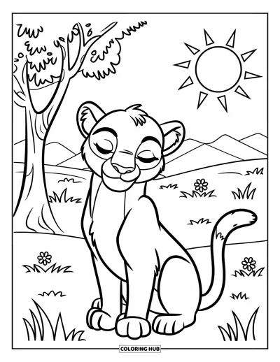Kleurplaat van een poema voor kinderen: Een rustige leeuw zit met gesloten ogen onder de zon in een bloemrijke weide