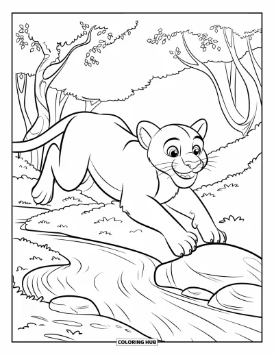 Kleurplaat van een poema voor kinderen: Een speelse leeuw springt met grote ogen over een rivier in een bos vol bomen