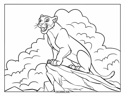 Kleurplaat van een poema voor kinderen: Een brullende leeuw zit op een rotsige top onder drijvende wolken