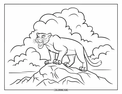 Kleurplaat van een poema voor kinderen: Een brullende leeuw staat op rotsen met grote wolken op de achtergrond